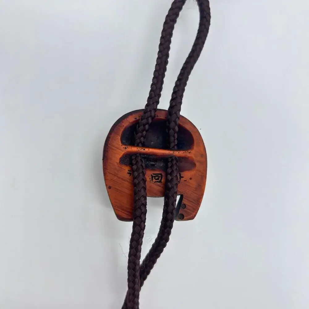 Vintage Korean Carved Wooden Hahoe Mask Bolo Tie Unique Traditional Asian Men's